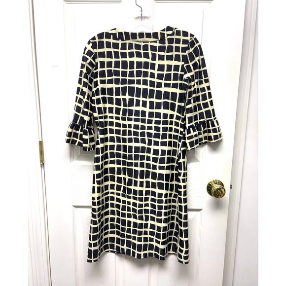 Jude Connally Dress Navy Cream Geometric Print Stretch Scoop Neck Ruffle Size S - Picture 2 of 5